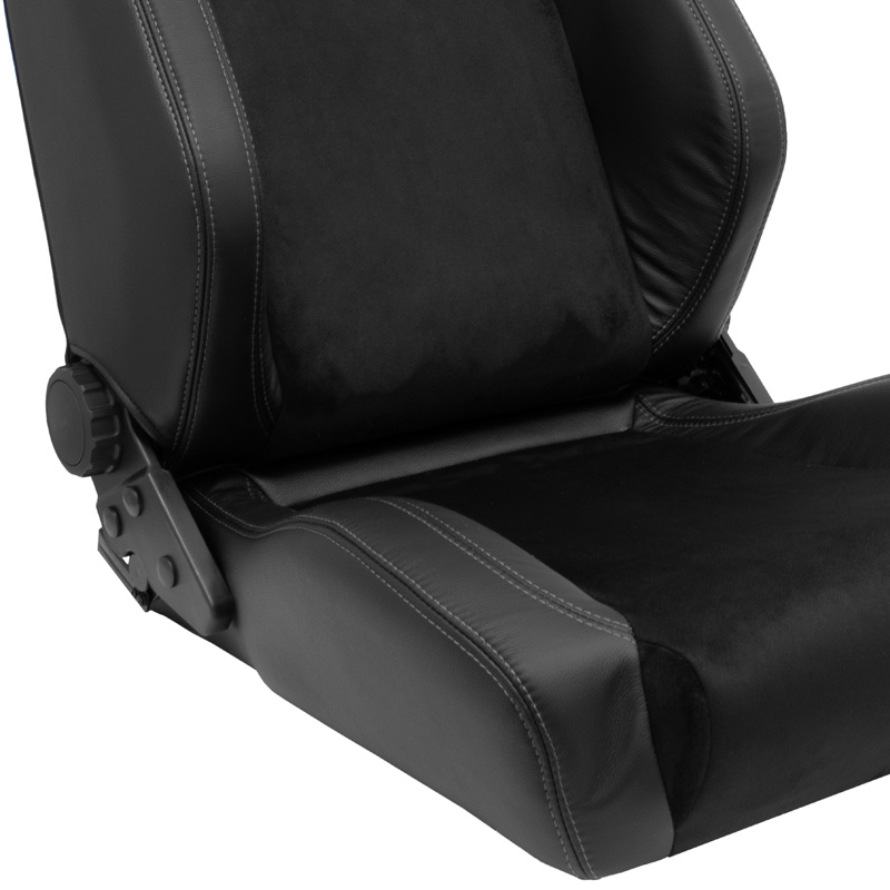 Sportstoel 'VGR Premium' - Zwart Leder & Alcantara + Zilveren stiksels - Dubbelzijdig verstelbare rugleuning - incl. sledes