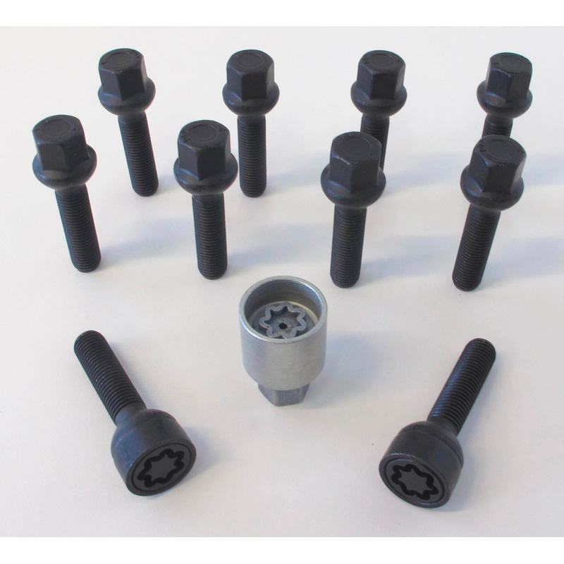 H&R Wielboutenset bolkonisch R13 M14x1.50 - Lengte 35mm - Zwart - 10 stuks (bv.  VAG) - incl. wielsloten